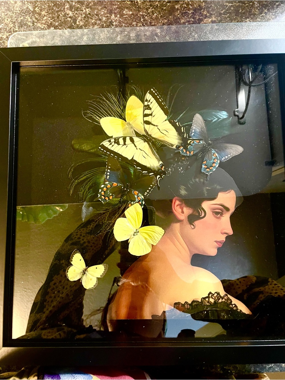 Beautiful Large Shadow Box With Real Butterflies overlaying vintage lady